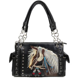 Zelris Dakota Dales Pony Horse Embroidery Mane Western Country Women Conceal Carry CCW Shoulder Handbag Purse (Black)