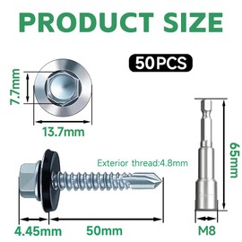 4.8x50 mm Self-Drilling Roofing Screws, 50 pcs Hex Head Self Tapping Screws, Hex Head Self-Drilling Roof Screws with Rubber Sealing Washer. with Hex Socket, Zinc Pla.