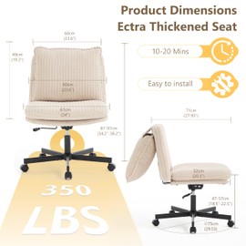 Fizzin Criss Cross Chair,Armless Cross Legged Chair with Wheels,Memory Foam Seat Office Desk Chair with Flipable Back Cushion,Mid Back Swivel Chair for Home Office,Bedroom Vanity (Beige)