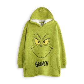 The Grinch Kids Wearable Blanket Hoodie | Hooded Fleece Jumper for Kids in Green with Grinch Character Face and Fur Hair, Embroided Face