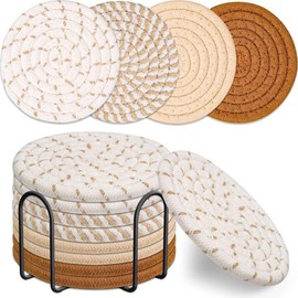 LSRVNM 8 Pcs Coasters for Drinks Absorbent Woven Coaster Set with Holder, Minimalist Cotton Woven Coaster for Home Decor, Coffee Bar Kitchen Restaurant Countertops