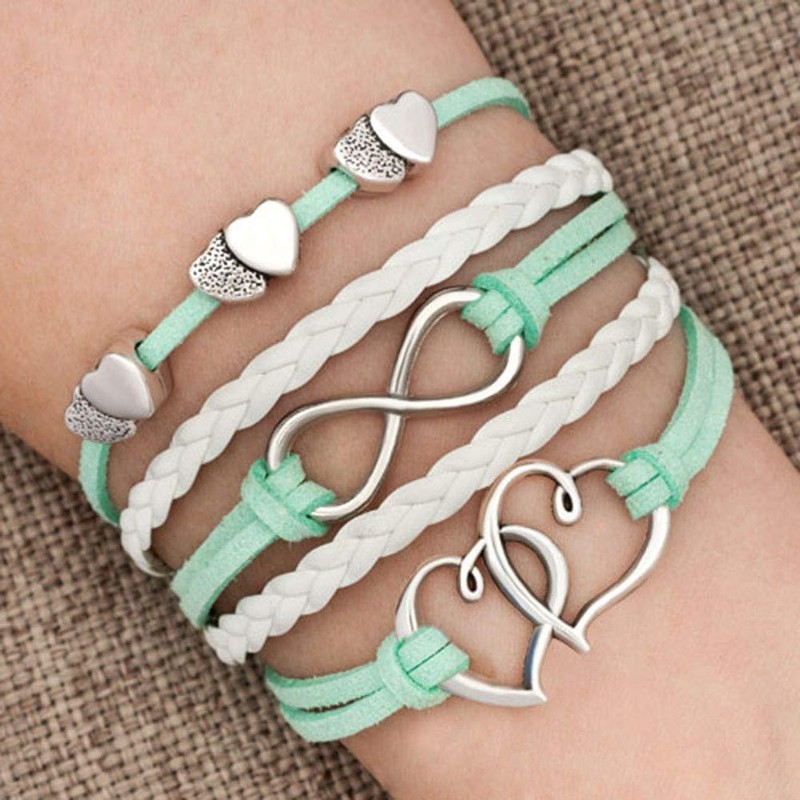 Hithop Leather Wrap Bracelets Girls Double Hearts Infinity Rope Wristband