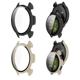 2 Pack Hard PC Cover Case Compatible for Garmin Approach S50,Watch Screen Protector Shell Built-in Tempered Glass Film Full Coverage (Black+Milk-White)