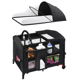 HOMMOW 5-in-1 Baby Bassinet Bedside Sleeper with Swing Tube Converts to Cradle, Baby Crib with Mattress, Detachable Diaper Changer, Mosquito Net and Toy - Black