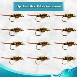 Prince Bead Head Nymph Fly Fishing Trout Flies - One Dozen Wet Flies - 4 Size Assortment 12,14,16,18 Plus Free Tapered Leader (14)