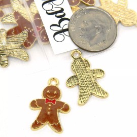 Bedazzlinbeads 2 Gold Plated Brown & Red Enamel 3/4" Ginger Bread Man Christmas Cookie Charms
