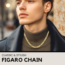 KISPER 18K Gold Over 925 Sterling Silver Italian 5mm Solid Diamond-Cut Figaro Link Chain Necklace - for Men & Women with Lobster Clasp - Made in Italy, 30"