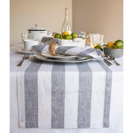 Solino Home Table Runner 108 Inches Long - Cabana Stripe, 100% Pure Linen Grey and White Table Runner 14 x 108 Inch for Dining, Spring, Mothers Day, Summer