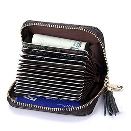 AprinCtempsD RFID Blocking Women's Credit Card Holder Genuine Leather Ladies Small Card Purse with Zipper Coin Purse Men's Mini Card Wallet (Rose)