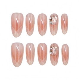 farfarflame Handmade Nail Tip, Medium, Long, Korean, Popular, Oval Magnet, 3D Diamond, Glossy, Stylish, Cute Design, Brides Nails, Flower Viewing, Fireworks Displays, Parties, False Nails, Pack of 10