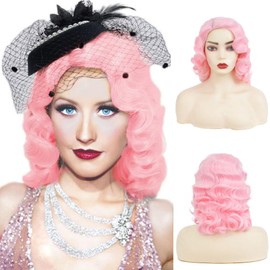 Salaibs Pink Finger Wave Wig 1920s Pink Curly Long Wig Vintage Wigs for Women Lady Synthetic Heat Resistant Full Wigs Cosplay Costume Wig