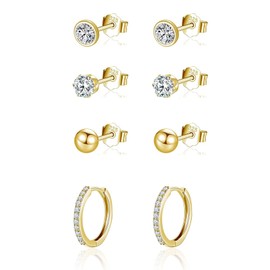 wynn's Gold Earrings for Women, 925 Sterling Silver Stud Earrings, Cubic Zirconia Small Sleepers Studs Hoops Earrings, 3mm Stud Earrings + 10mm Hoop Earrings, 4 Pairs Gold Earrrings set