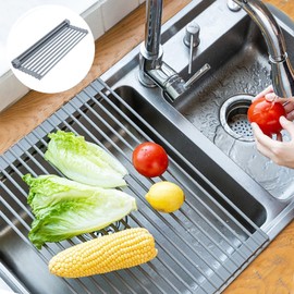 ZOIMINU Roll Up Dish Drying Rack, Over The Sink Dish Rack, Heat-Resistant Anti-Slip Stainless Steel Dish Drainer with Silicone-Coated for Cups Fruits Vegetables - 17" x 13", Grey