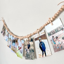 Deco Azul Wooden Bead Garland with clothespins, Wall Bedroom Decor, Hanging Photo Display with Clips, Polaroid Picture Display, Boho Nursery Decor, Kids Art Display (Natural Wood + 8 clothespins)