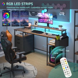 Lufeiya Gaming Desks with Led Lights and Power Outlets, 55 Inch Study Writing Computer Desk with Fabric File Drawers Cabinet for Bedroom, Home Office Desk with Shelves Monitor Stand, Rustic Brown