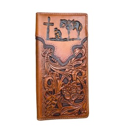 Western Stakes Mens Cowboy Praying Western Long Wallet Floral Cutout Layered Leather Soft Leather Checkbook Style Mens Wallets Leather Bull Rider Rodeo Gifts For Men (Brown & Coffee)