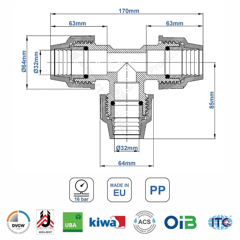 SmartProduct T-Piece PE Pipe Fitting 32 mm x 32 mm