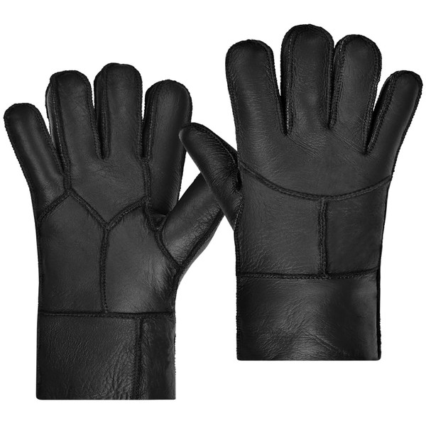 Harssidanzar Winter Leather Gloves, Warm Shearling Wool Lined for Men
