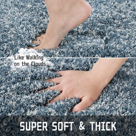 Yimobra Fluffy Plush Bath Mat, Super Shaggy Soft Comfortable Non Slip, Water Absorbent Microfiber Bath Mat, Machine Washable Thick Bathroom Floor Rugs for Shower, 43 x 61 cm, Denim Blue