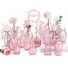 BEAHOT 22 Pack Pink Flower Vase in Bulk,Mini Vintage Glass Bud Vases for Centerpieces,Wedding Decor,Party & Home Decaration,Mother's Day (Pink)