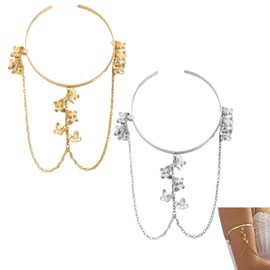 CABODYALS 2Pcs Silver Gold Cuff Bracelet Upper Arm Butterfly Tassel Cuff Bangle Bracelets Boho Open Coil Summer Shining Adjustable Metal Arm Jewellery for Women Party Beaches Clubs Dress Decor