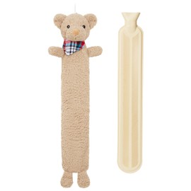 Hot Water Bottle with Animal Fleece Cover 1 or 2 Litre Capacity Natural Rubber Long Hot Water Bottle Plush Cute Animal Cover Cosy Gifts (Teddy Long)