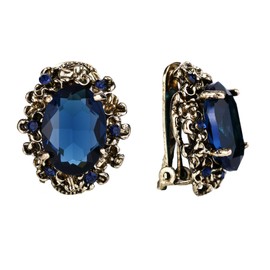 BriLove Victorian Style Clip-On Earrings for Women Crystal Floral Cameo Inspired Oval Jewelry Navy Blue Sapphire Color Antique-Gold-Toned