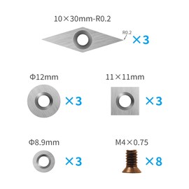 DEEFIINE Tungsten Carbide Cutters Inserts Set for Wood Lathe Turning Tools Include 11 mm Square with Radius, 12 mm and 8.9 mm Round, 30 x 10 mm Diamond with Pointed Point,8 Pieces screws.