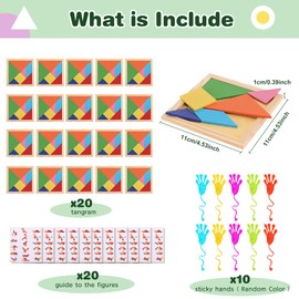 Tangram Children's Wooden Puzzle 20 Pieces Small Gift Give Aways Party Bag Children's Birthday School + 10 Clapping Hand Travel Montessori Wooden Puzzle Toy Gifts Birthday Mini Set