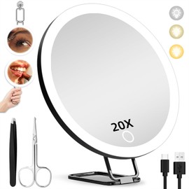 JJhxr 20X Magnifying Mirror with Lights, 6inch Makeup Magnified Mirror 20X Lighted Travel Magnification with 3 Suction Cups and 360° Adjustable Bracket- Includes Tweezers & Scissors