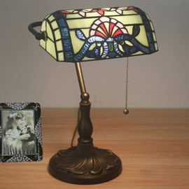 AIBOTY Tiffany Style Bankers Table Lamp Stained Glass Piano Desk Lamp Vintage Bedroom Bedside Lamp for Study,Antique Alloy Base,Zipper Switch,Green Baroque b