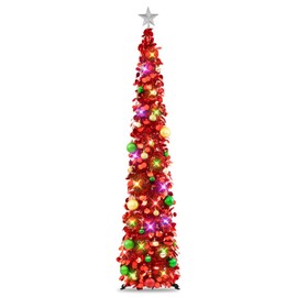 N&T NIETING Pop Up Christmas Tree with Lights & 40 Balls, 6Ft Collapsible Red Tinsel Christmas Tree Decorations, Pencil Christmas Tree Skinny Christmas Tree for Holiday Xmas Home Office Decor
