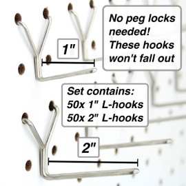 Pegboard Hooks 100-Pack 1" + 2” L Hook - Will Not Fall Out - Fits Any Peg Board - Stainless Steel - Organize Tools, Accessories, Workbench, Garage Storage, Kitchen, Craft or Hobby Supplies, Jewelry
