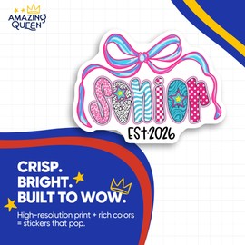Senior 2026 Stickers - Class of 2026 - Senior Year - Pink Blue Bow - 2 Pack - 5" Wide Design - Adheres to Laptops, Tumblers, and More - Made in The USA - AQS0108