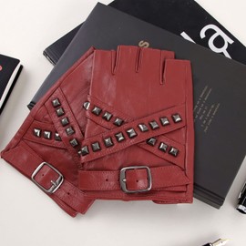 FIORETTO Fingerless Leather Gloves for Men Half Finger Motorcycle Gloves Unlined Punk Rock Gloves Brick-Red Medium