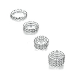 DATOA 4Pcs Sparkling Rhinestone Stretch Rings Set Fashion Stackable Crystal Elastic Ring Toe Ring Body Jewelry for Women-Silver