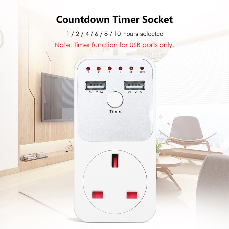Countdown Timer Socket with 2 USB Ports 5V 2.1A Outlet