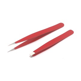 AAProTools Tweezers for Ingrown Hair, Precision Slant Tweezers and Pointed Eyebrows Tweezer Set Stainless Steel Eyebrow Plucking 2 Pieces (Red) A+ Quality