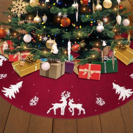 LOMOHOO Christmas Tree Skirt 36inch Large Red Christmas Tree Skirt,Rustic Thick Knit Tree Skirt With 3D Elk Snowflakes Xmas Tree Base Cover Mat for Holiday Party Decorations