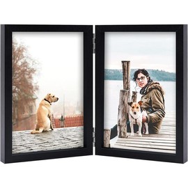 4x6 Double Picture Frame Wooden Hinged Photo Frame Definition Glass Stand Vertically on Desktop or Tabletop Black - Color: Grain, Size: 4x6