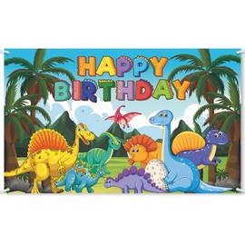 Dinosaur Birthday Party Backdrop Banner, 180 x 110 cm, Colourful Jurassic Theme Background