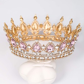FORSEVEN Queen Crown Rhinestone Wedding Crowns and Tiaras for Women Costume Party Hair Accessories Princess Birthday Crown Crystal Bridal Crown (Gold+Pink)