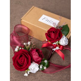 Fnize Corsage and Boutonniere Set for Prom Homecoming Graduation Wedding, Silk Wrist Corsages for Women and Boutonniere for Men with Faux Rose Artificial Peony (Red)