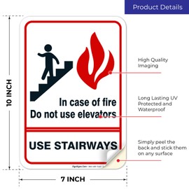 Sigo Signs Fire Sign, in Case of Fire Do Not Use Elevators Sign, 10x7 Inches, 4 Mil Vinyl Decal Stickers Weather Resistant UV Protected, Made in USA