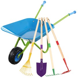 DaisyInner 5 Pcs Kids Gardening Tool Set Include Kids Wheelbarrow Metal Small Toddler Wheelbarrow Wagon with 4 Piece Kids Shovel, Rake, Hoe, Leaf Rake Wooden Gardening Tools for Boys and Girls