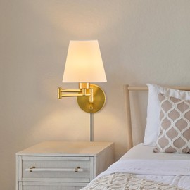 VONLUCE Swing Arm Wall Lamp, Plug in & Hardwired Wall Sconce, Adjustable Wall Mounted Lighting Fixture, Modern Wall Light with Golden Base White Fabric Shade for Bedside, Hallway, Reading
