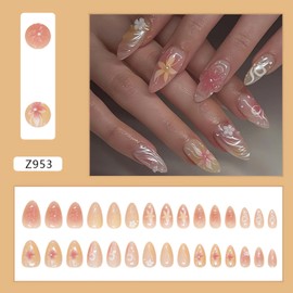 LPOODDNU 3D Handmade Almond Press on Nails with Flower Designs Medium Fake Nails Glossy Pink Acrylic French Nails Press ons Cute Stereoscopic Floral Glue on Nails Almond Stick on Nails for Women