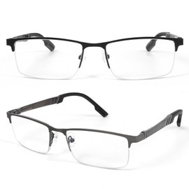 MMOWW 2 Pack Metal Half Frame Reading Glasses for Men Aluminum Magnesium Arms Spring Hinges, Black/Gunmetal +1.5