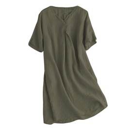 Mallimoda Women's Summer Dress, Linen Dress, V-Neck, Short Sleeve, Midi Dress, Long Tunic Blouse - xl