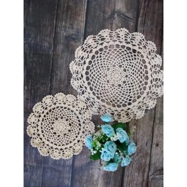 Yulakes Set of 2 Handmade Lace Crochet Cotton Placemats, Cup Coasters, Lace Doilies, Crochet Doilies, Tablecloth, Crocheted Tea Mats, Pan Mat, 20 cm / 30 cm, Beige